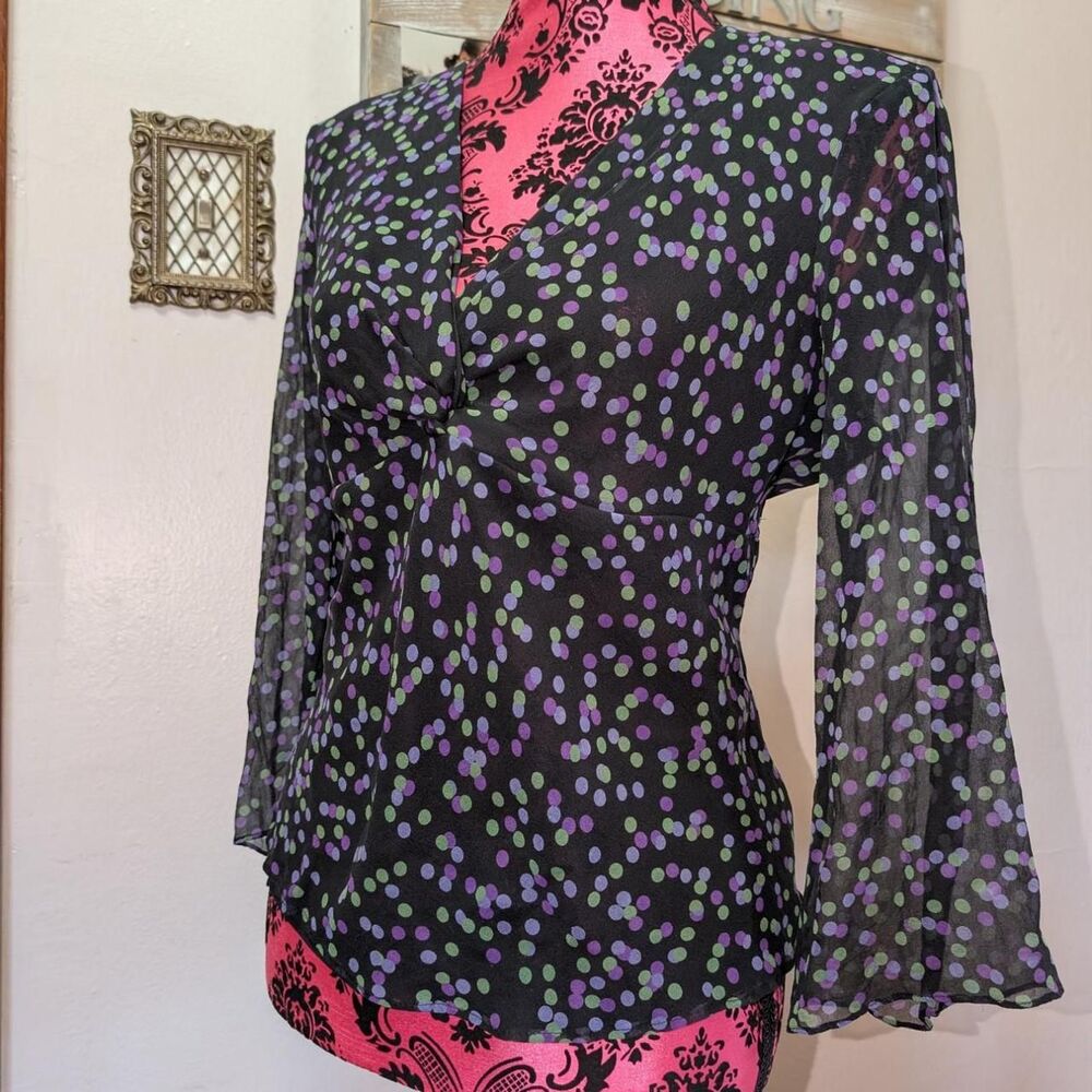 y2k silk shell sheer polkadot v-neck